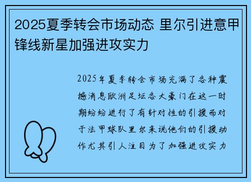 2025夏季转会市场动态 里尔引进意甲锋线新星加强进攻实力